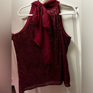 Cabernet Red Calvin Klein sequin top with neck tie.